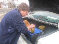 Bernat's pickles and Jan in parking lot.JPG