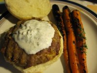 Turkey burger with herb-caper aioli sauce, carrots.JPG